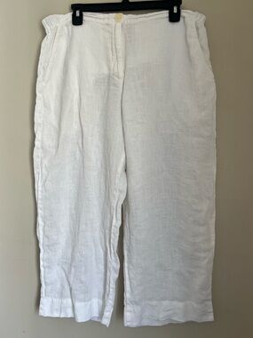 Flax 100% Linen Crop Pants Women’s M (10-14) White Lightweight Pockets Coastal